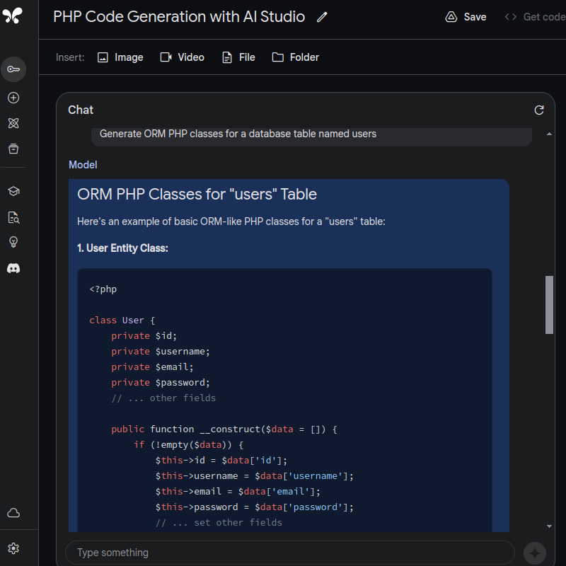 PHP Code Generation with AI Studio ORM Class For Table Named Users